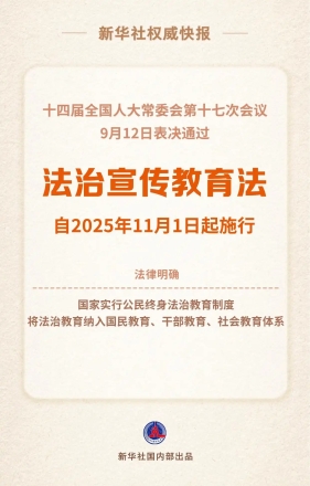 2025年11月1日起施行《中华人民共和国法治宣传教育法》明确国家实行公民终身法治教育